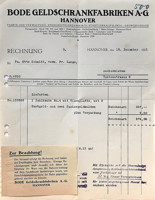 Bode Geldschrankfabriken Rechnung von 16. Dezembr 1925