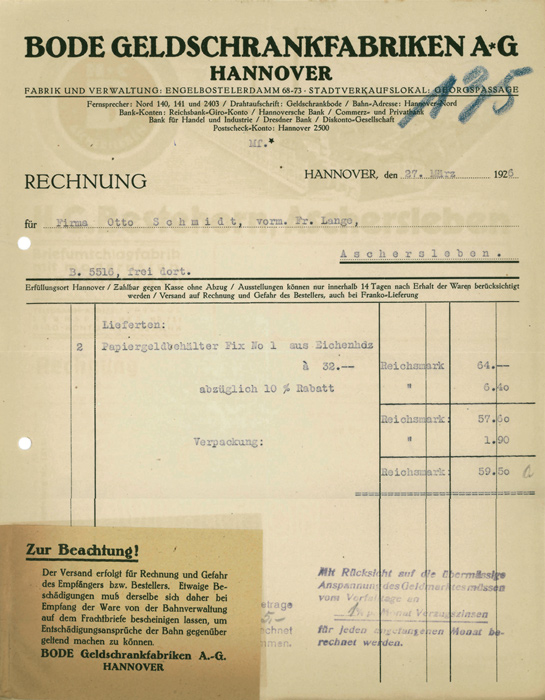 Bode Panzer Rechnung aus dem Jahr 1926